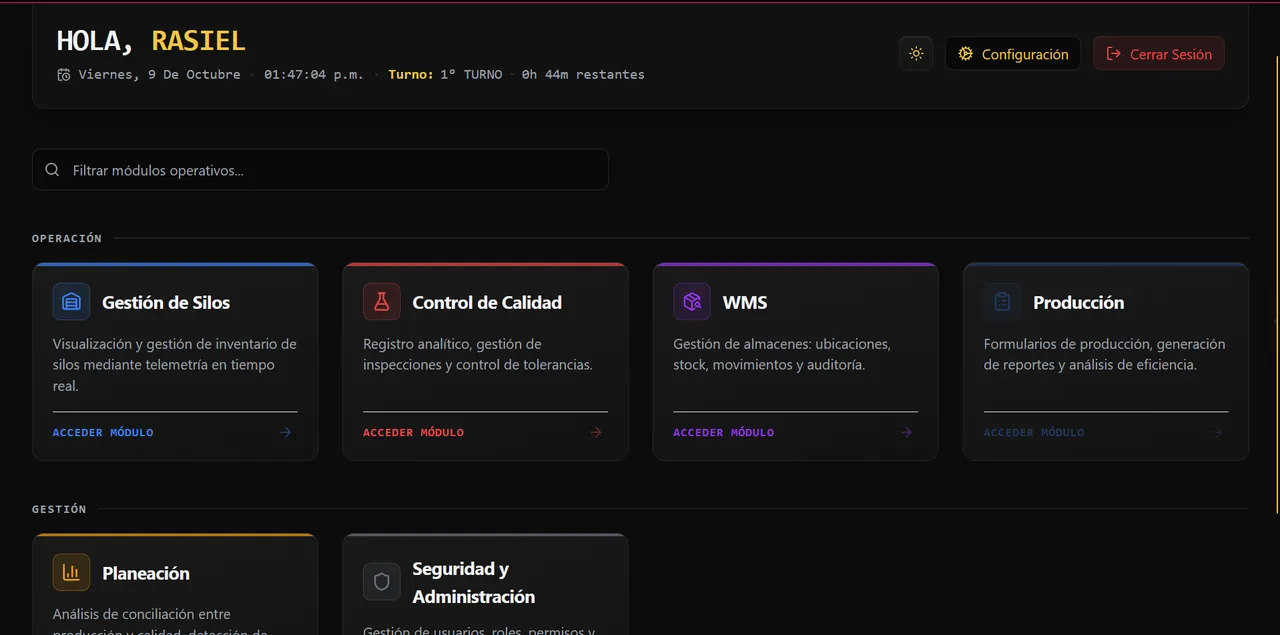 Selector de módulos de la plataforma Káiros: Gestión de Silos, Control de Calidad, WMS y Producción