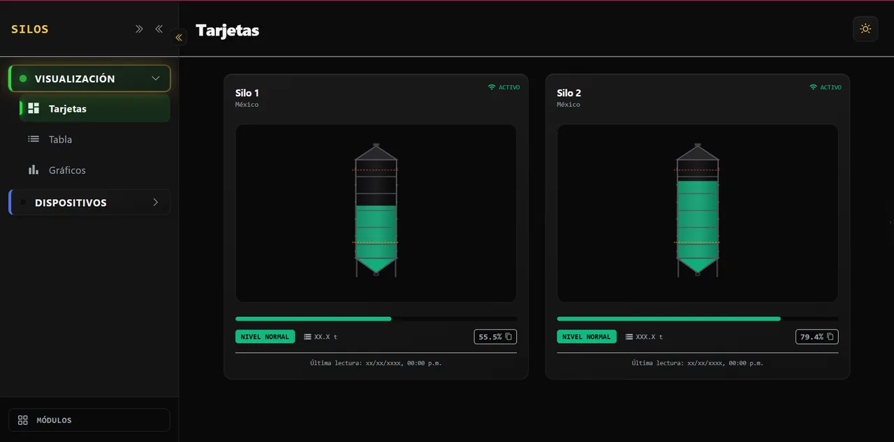 Tarjetas de telemetría de silos con niveles de llenado en tiempo real